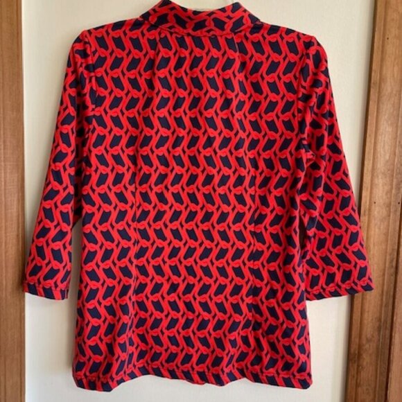 ELIZABETH MCKAY Chain Link Red Blue Pull Over Button Elbow Sleeve Top M - Picture 9 of 17